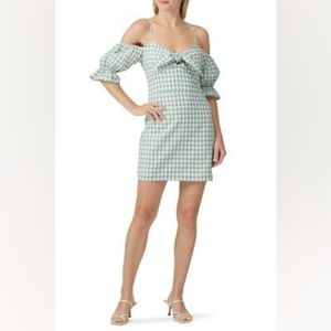 LeRumi Mia Mini Dress Green White Gingham Plaid Open Shoulder Small